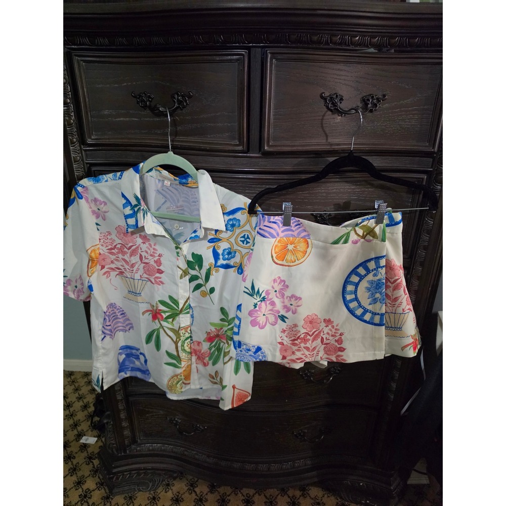 Flying Tomato Womens 2 Piece Set Shirt and Shorts Mediterranean Citrus Print S